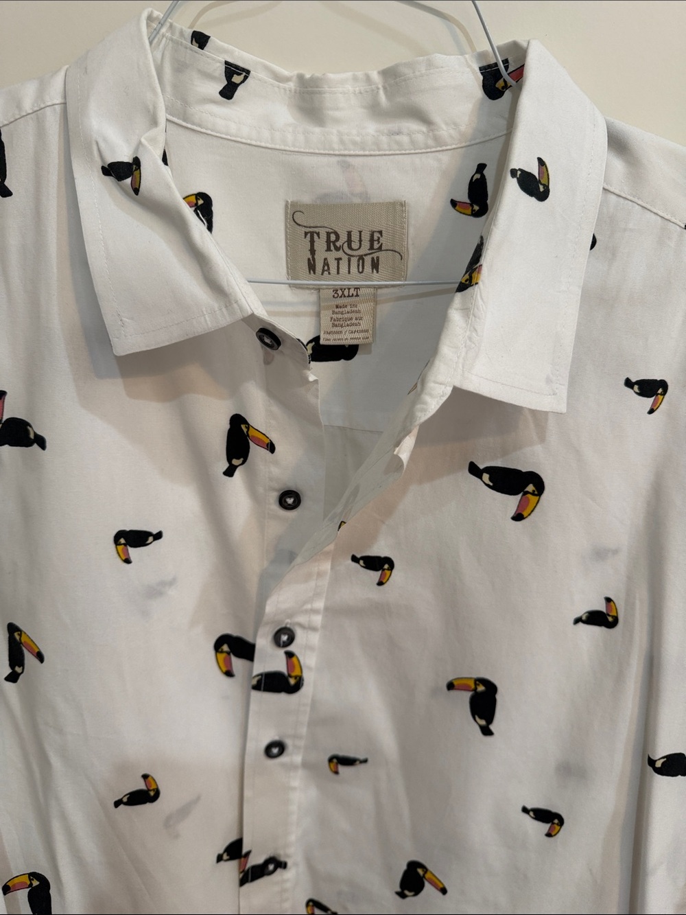 True Nation White Toucan-Print Short Sleeve Button-Down Shirt 3XLT